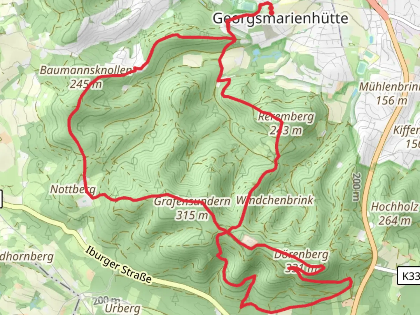 An image depicting the trail Iburger Wald, Reremberg and Dorenberg Loop and its surrounding area.