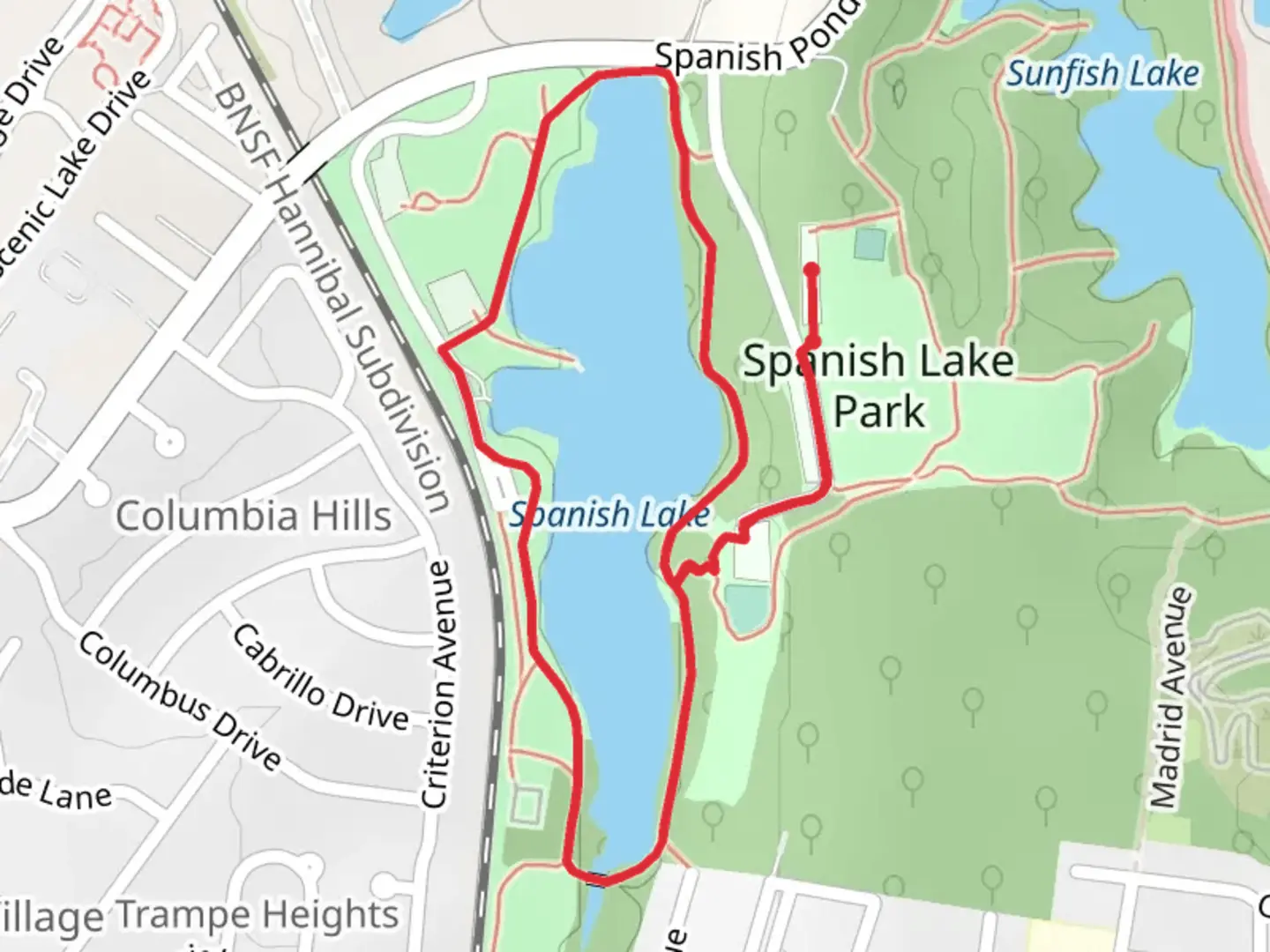 An image depicting the trail Spanish Lake Lakeside Loop Trail and its surrounding area.