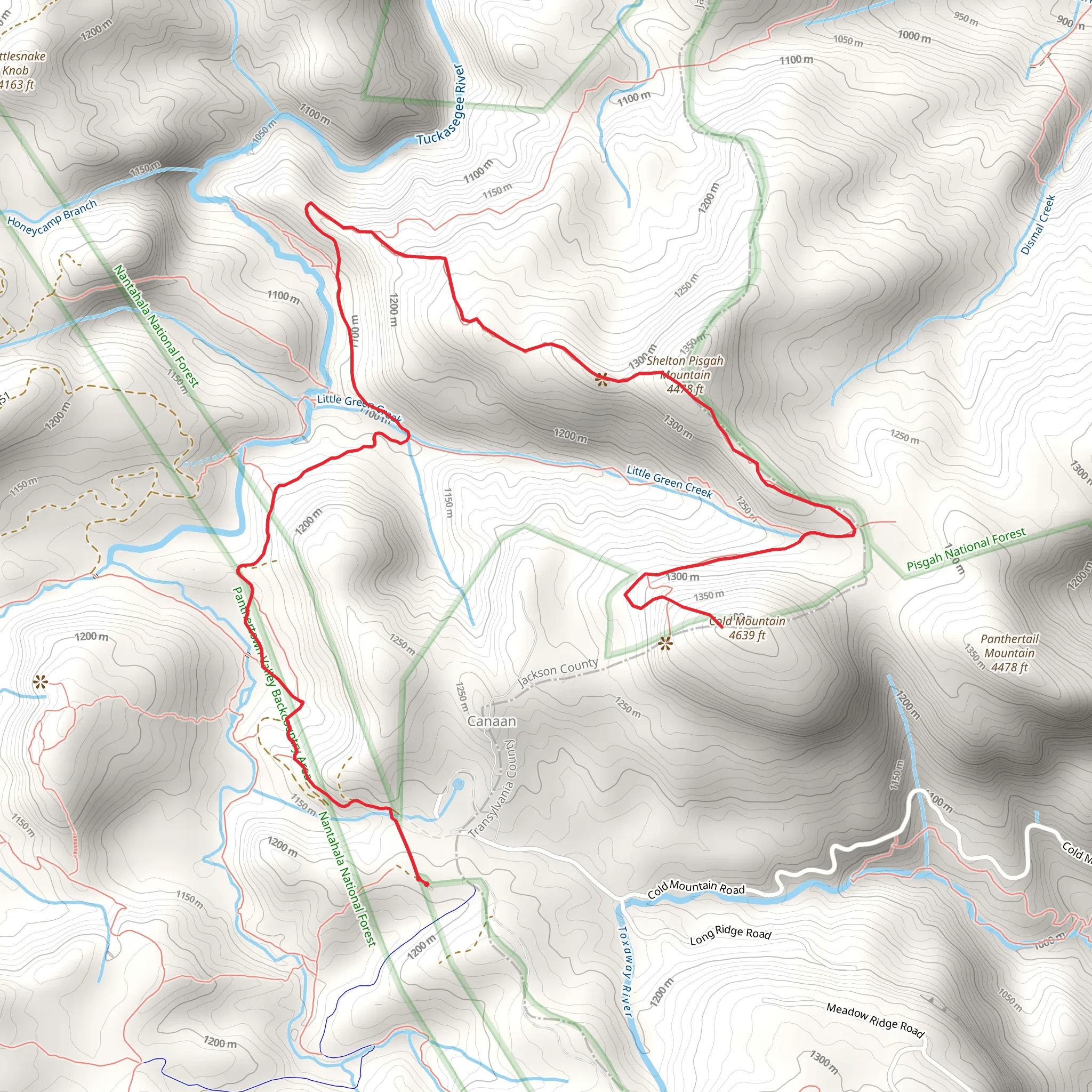 Cold Mountain, Shelton Pisgah Mountain via Panthertown Valley Trail mobile static map