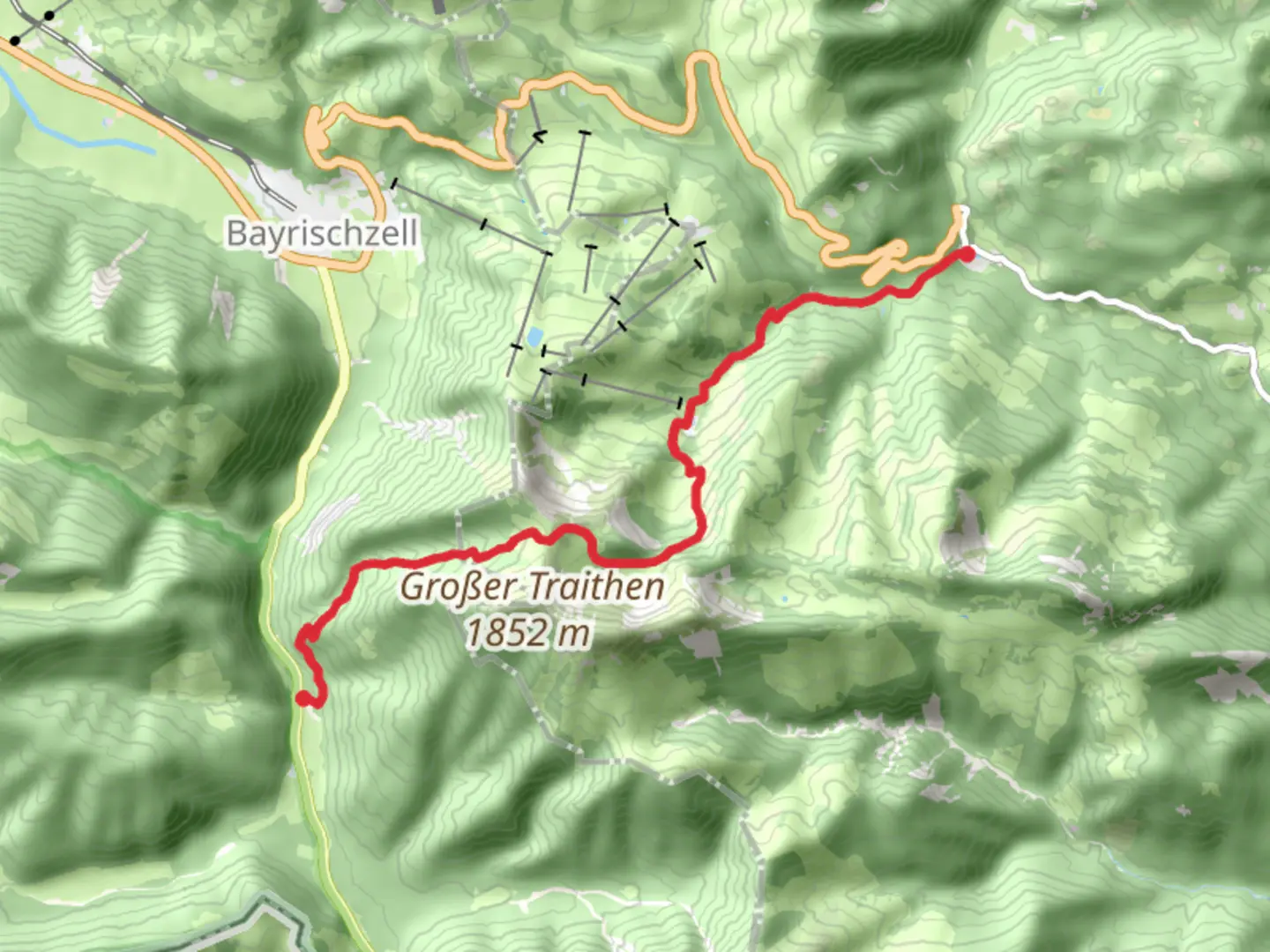 An image depicting the trail Tatzelwurm to Wildfütterung via Bergwachthütte and its surrounding area.
