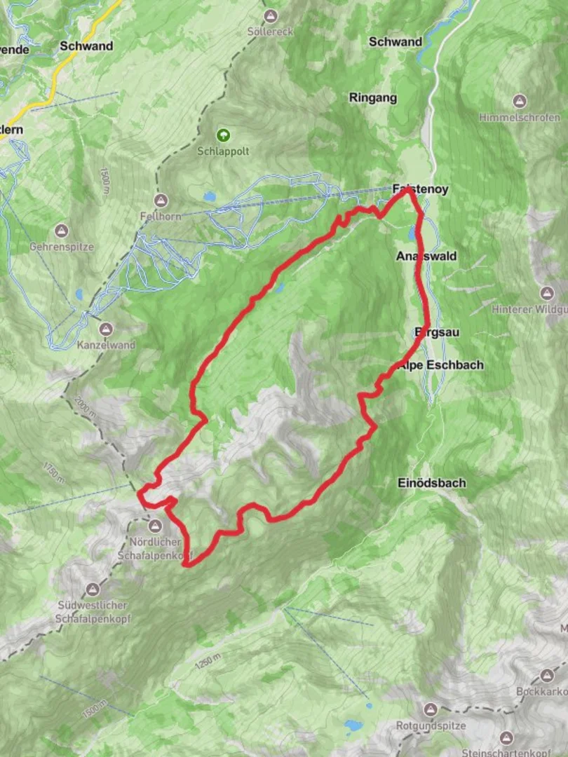 An image depicting the trail Faistenoy, Diensthutte and Fiderescharte Loop and its surrounding area.