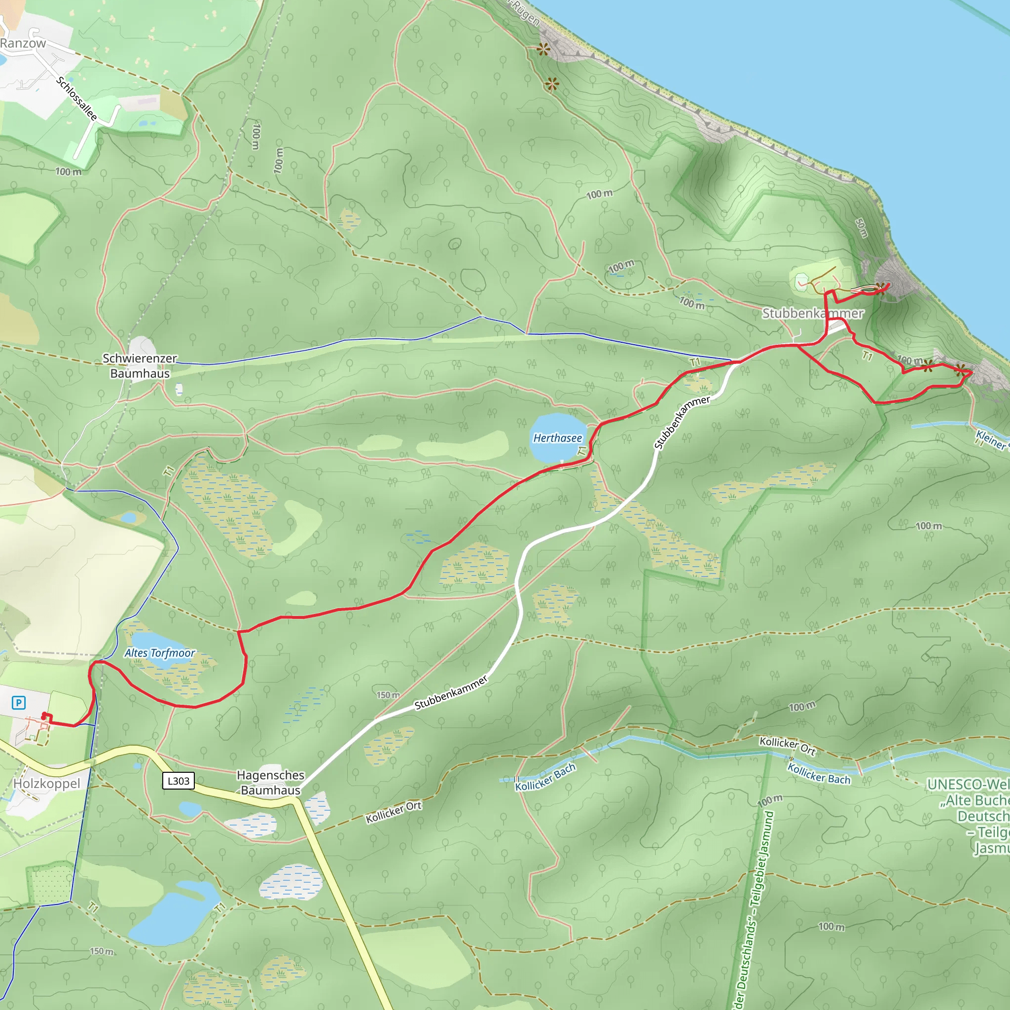 Herthasee, Herthabuche, Koenigsstuhl and Victoria-Sicht via Wanderweg zum Königsstuhl mobile static map
