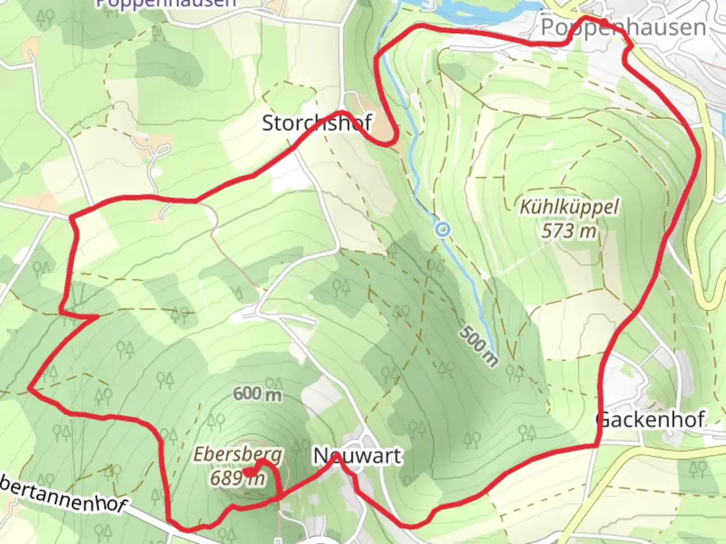 An image depicting the trail Ruine Ebersberg Loop via Rhon Rundweg 1 Ebersburg and its surrounding area.