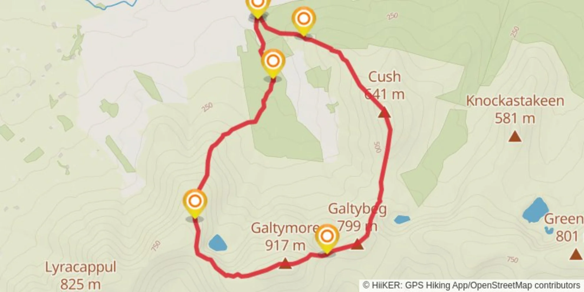 An image depicting the trail Galtymore 3 Peaks Route and its surrounding area.