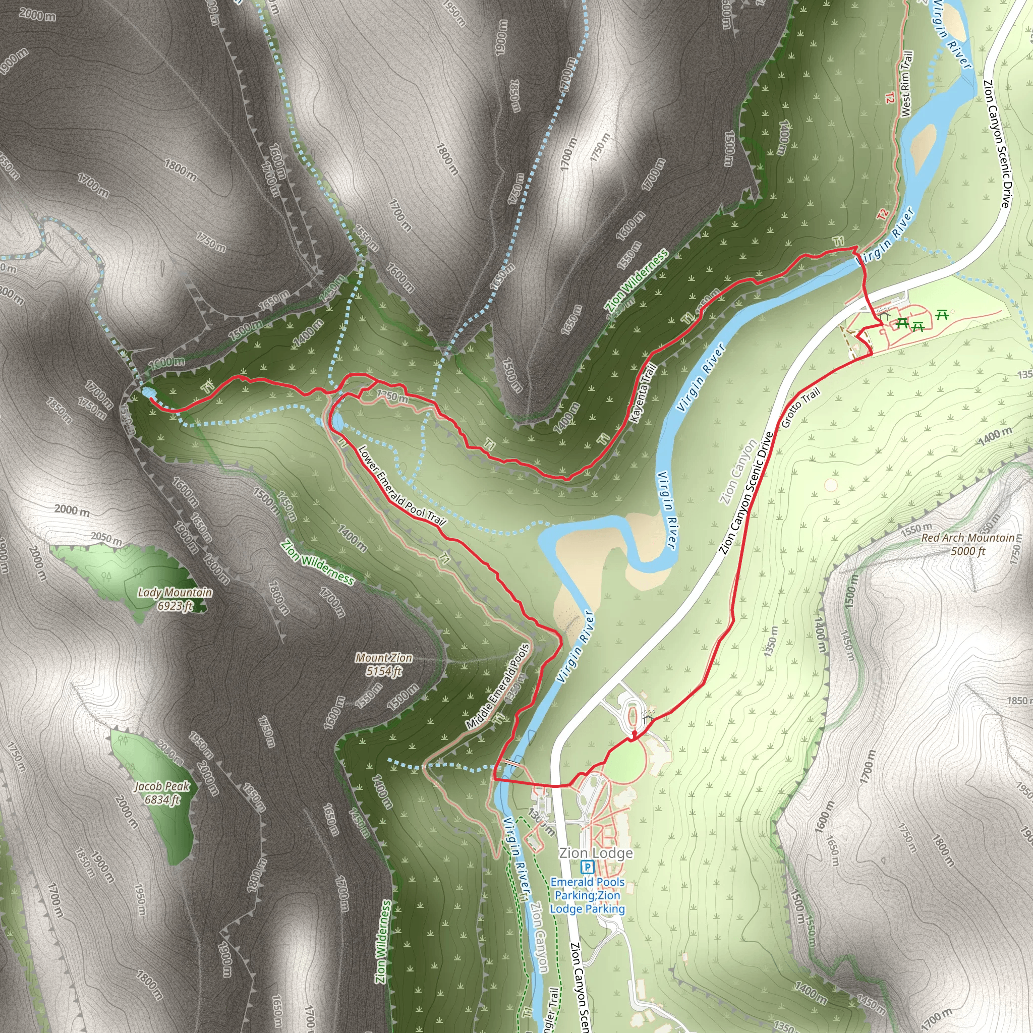 Lower and Upper Emerald Pool and Grotto Loop Trail mobile static map