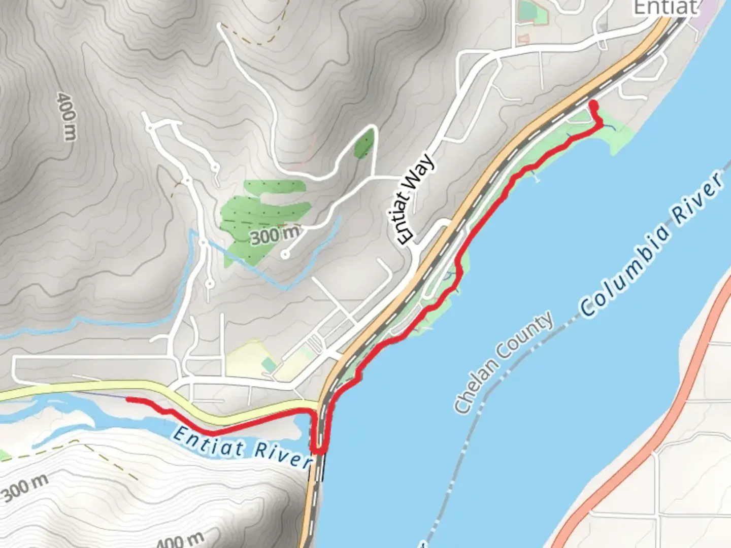 An image depicting the trail Entiat Park and Entiat River and its surrounding area.