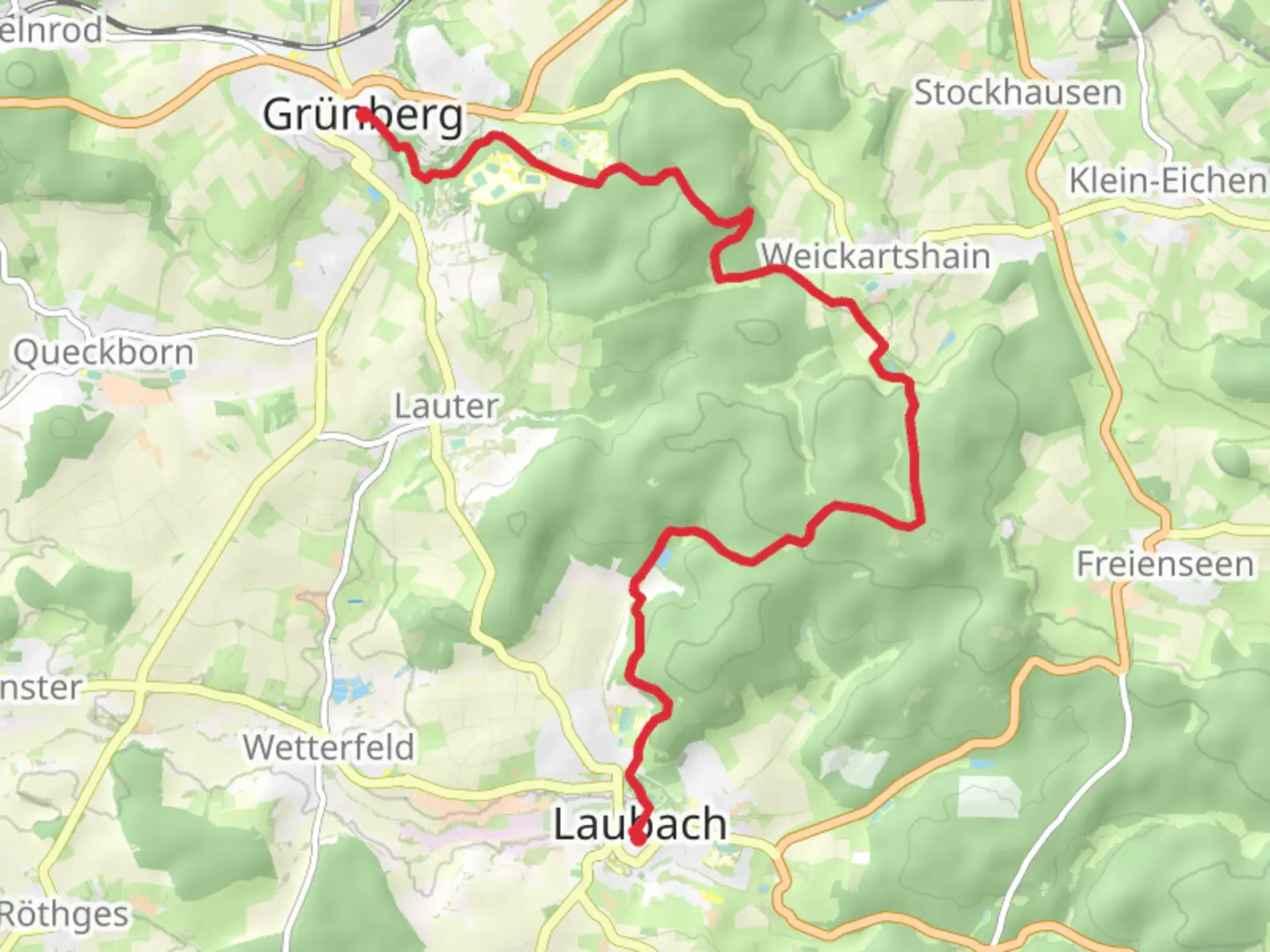 An image depicting the trail Laubach to Grünberg via Residenzenring and its surrounding area.
