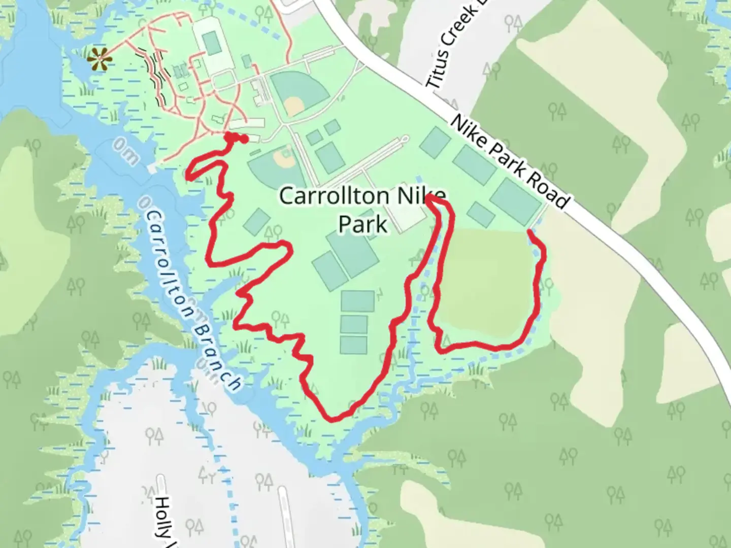 An image depicting the trail Carrollton Nike Park and its surrounding area.