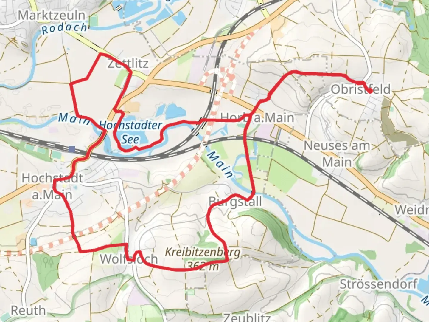 An image depicting the trail Hochstadter See via Hochstadter Rundweg and its surrounding area.