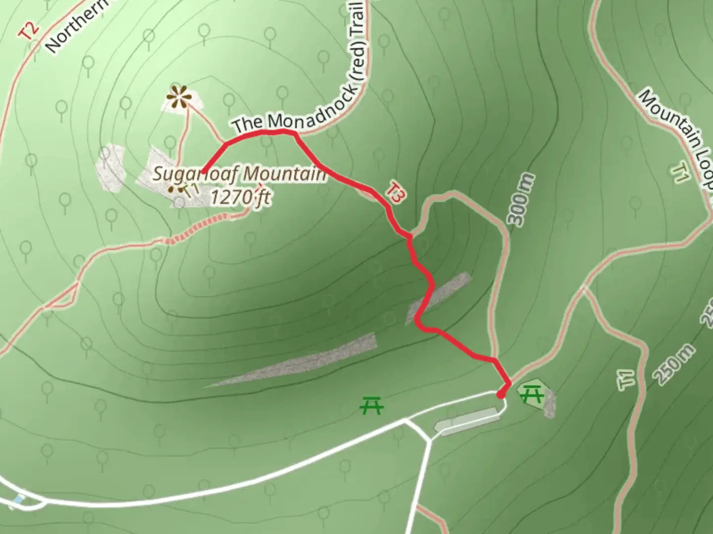 An image depicting the trail The Monadnock via Old Sunrise Trail and its surrounding area.