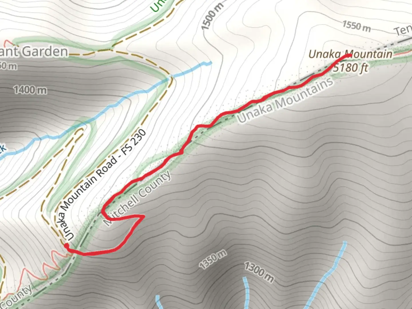 An image depicting the trail Unaka Mountain via Appalachian Trail and its surrounding area.
