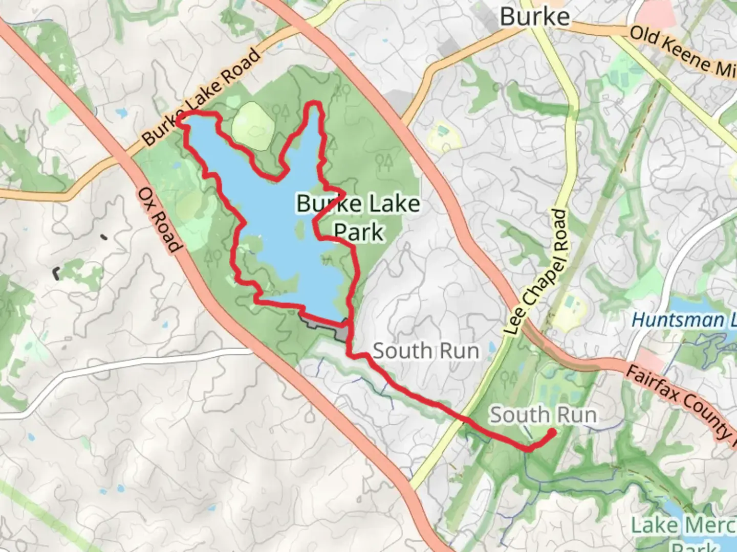 An image depicting the trail Burke Lake - South Run Loop Trail and its surrounding area.