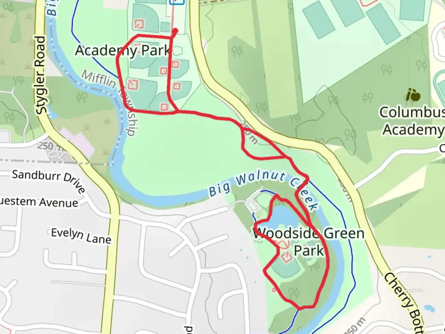 An image depicting the trail Academy Park to Woodside Green Park Loop and its surrounding area.