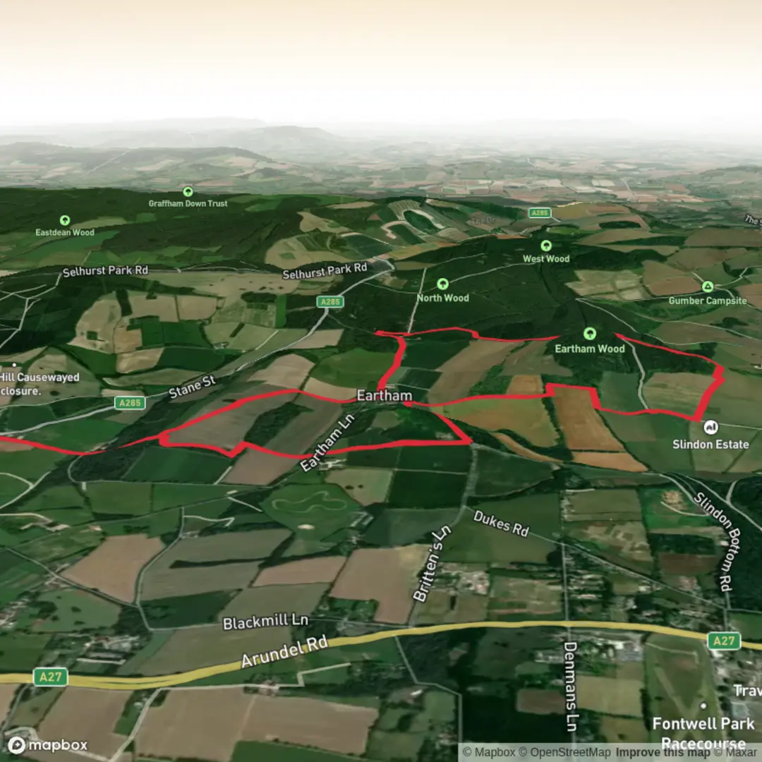 An image depicting the trail Walk 1 Eartham / Nore Hill / Nore Folly circular and its surrounding area.