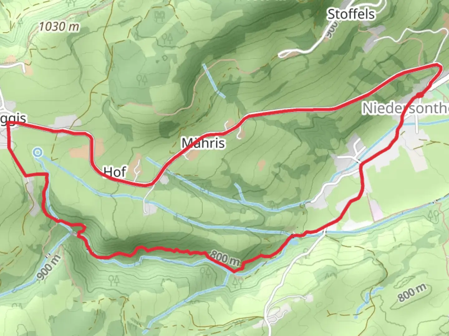 An image depicting the trail Falltobelweg from Niedersonthofen and its surrounding area.