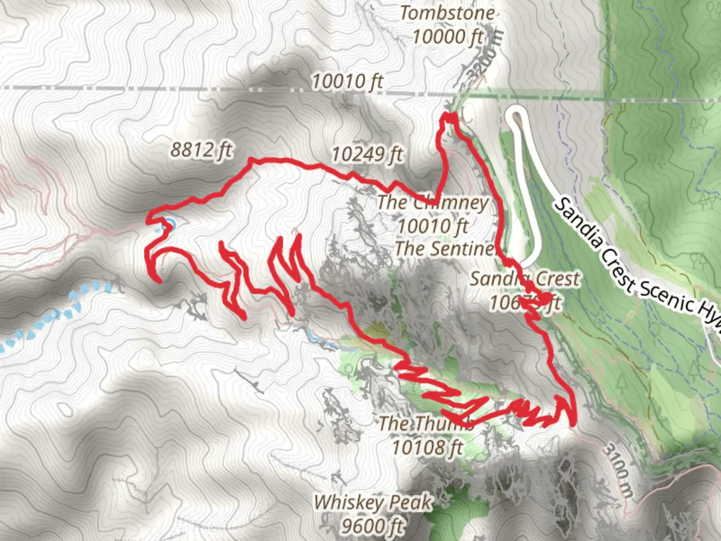 An image depicting the trail Sandia Crest, La Luz and Chimney Canyon Loop Trail and its surrounding area.