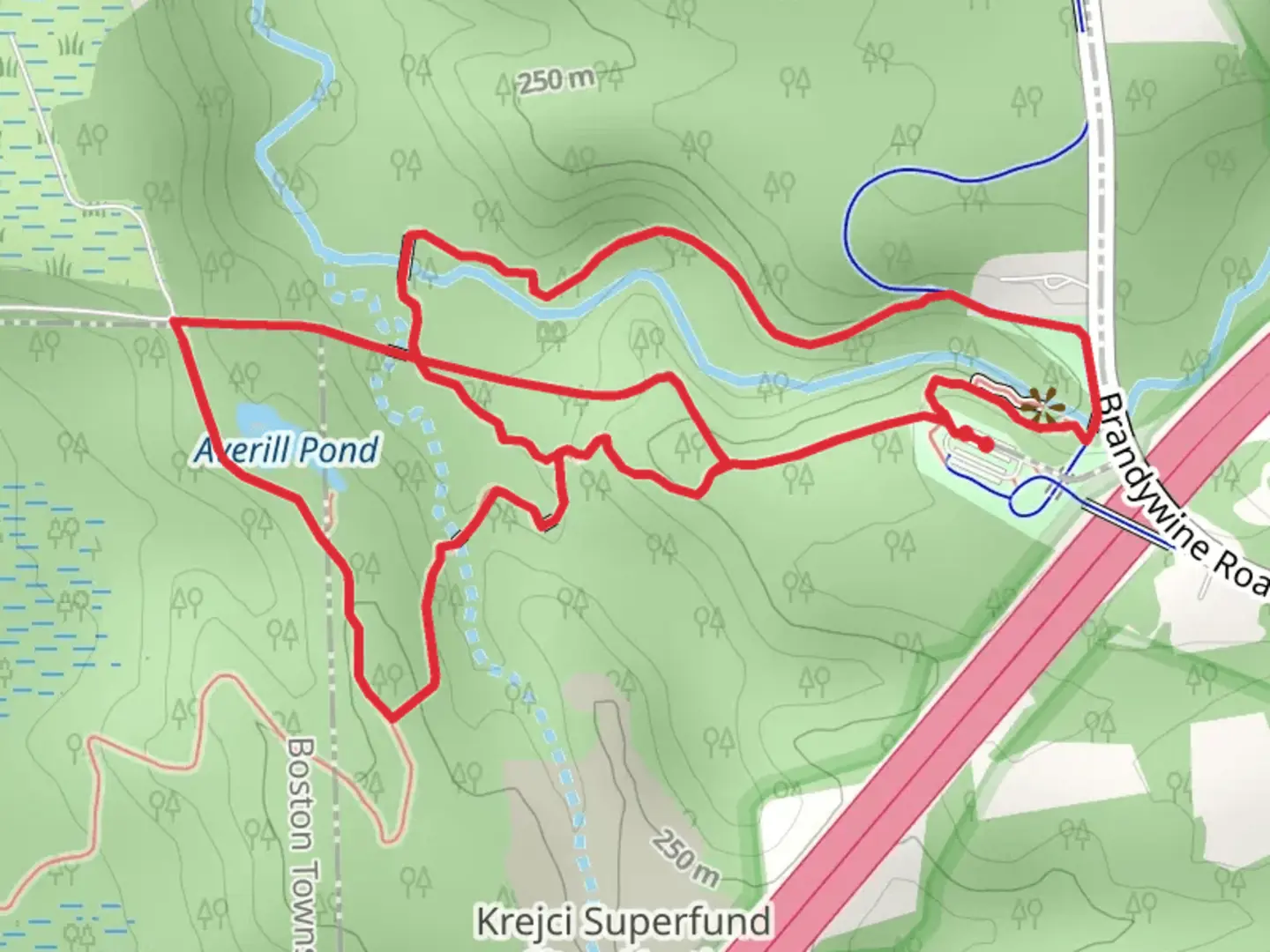 An image depicting the trail Averill Pond Connector Trail and Brandywine Gorge Loop and its surrounding area.