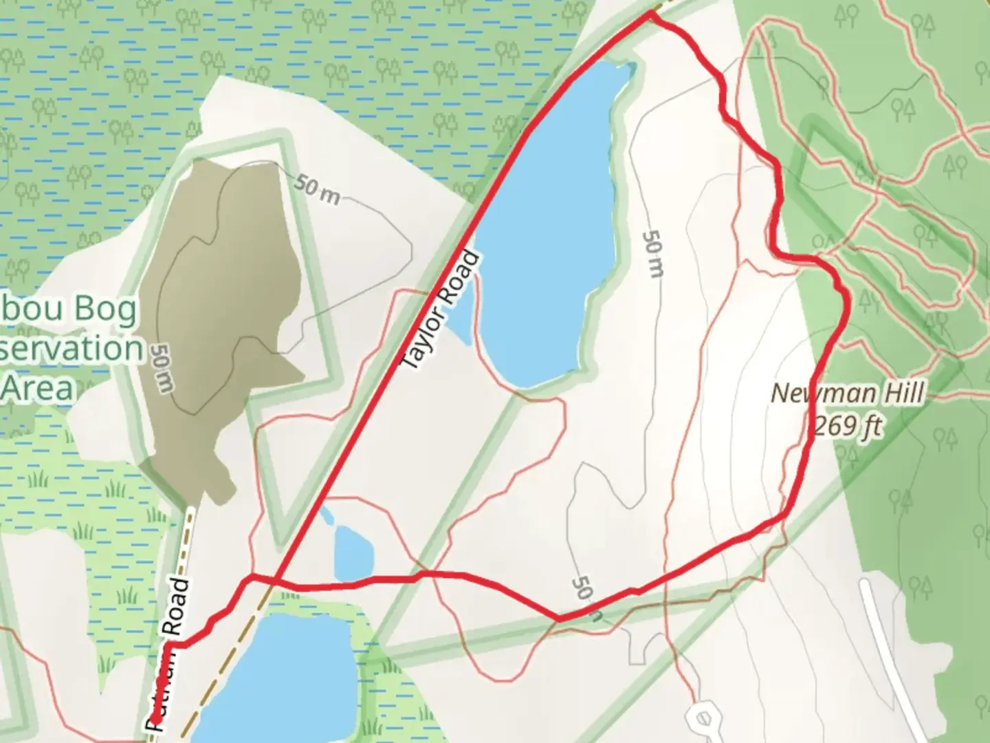 An image depicting the trail Newman Hill Loop via Caribou Bog Trail and its surrounding area.