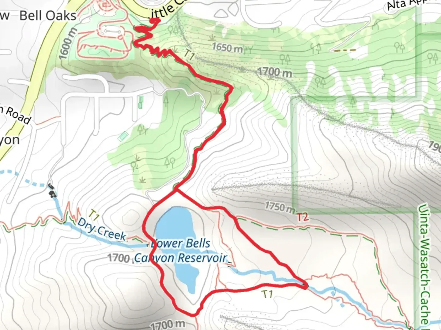 An image depicting the trail Lower Bells Canyon Reservoir Loop via Bells Canyon Trail and its surrounding area.
