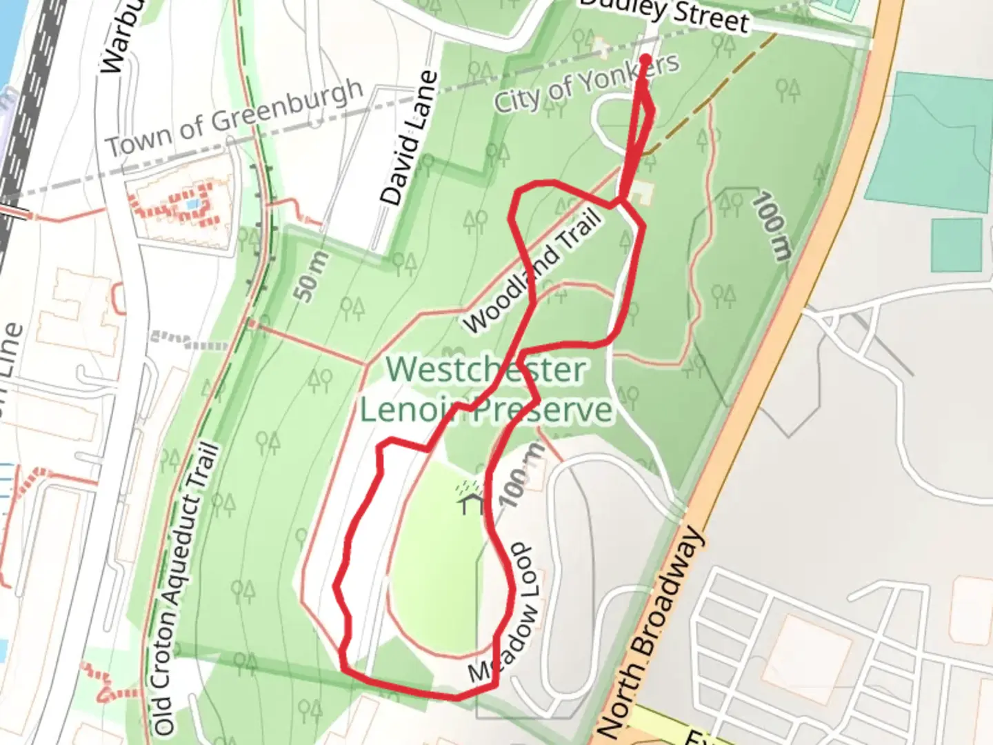 An image depicting the trail Westchester Lenoir Preserve Loop from David Lane and its surrounding area.