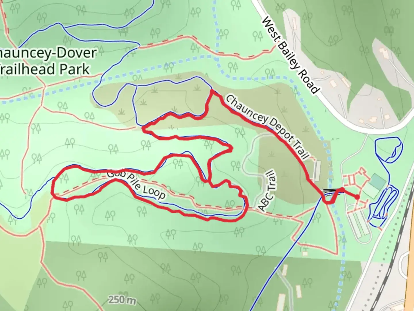 An image depicting the trail Gob Pile Loop via Chauncey Depot Trail and its surrounding area.