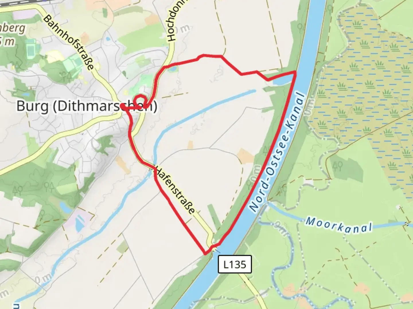 An image depicting the trail Bökelnburg, Burgerfeld and NOrd Ostsee Kanal Loop and its surrounding area.