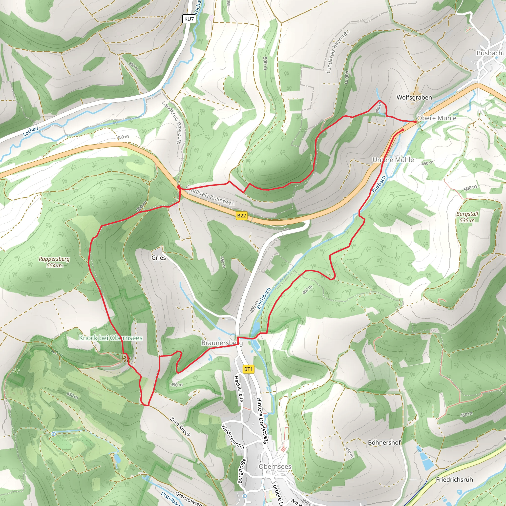 Wolfsgraben, Knockhutte and Obermuhle Loop - Oberailsfeld Hollfeld mobile static map
