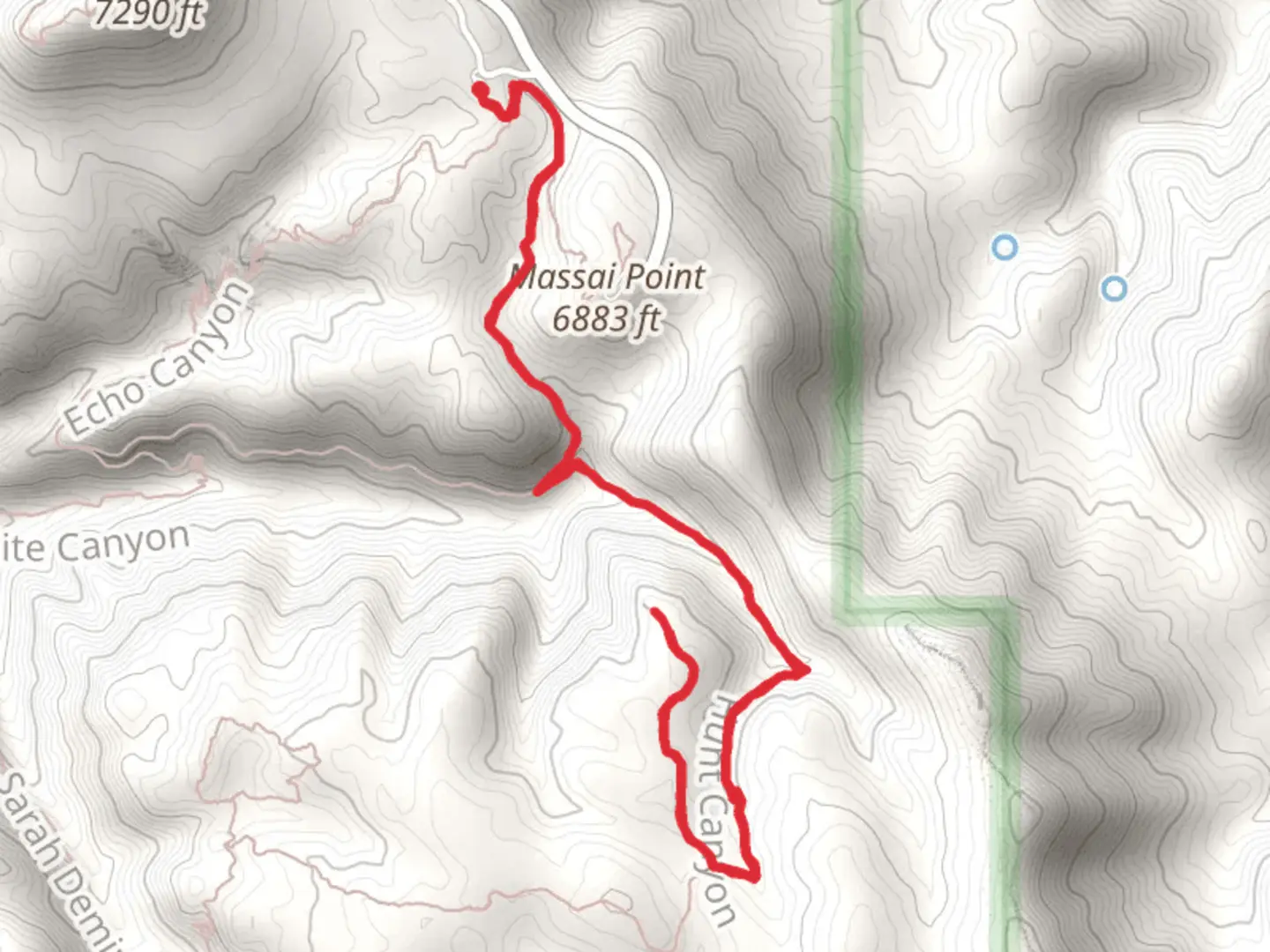 An image depicting the trail Ed Riggs Trail and Mushroom Rock Trail and its surrounding area.