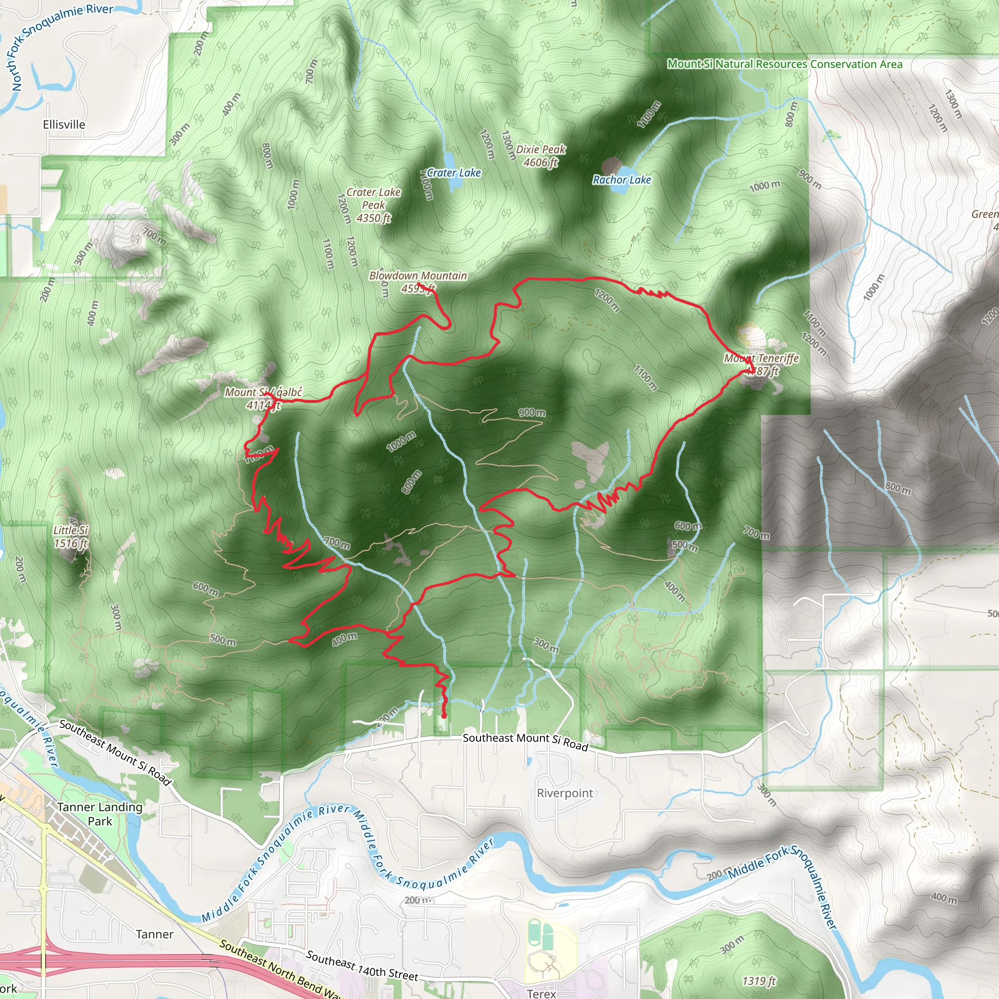 Roaring Creek, Mount Teneriffe, Blowdown Mountain and Mount Si Loop Trail mobile static map