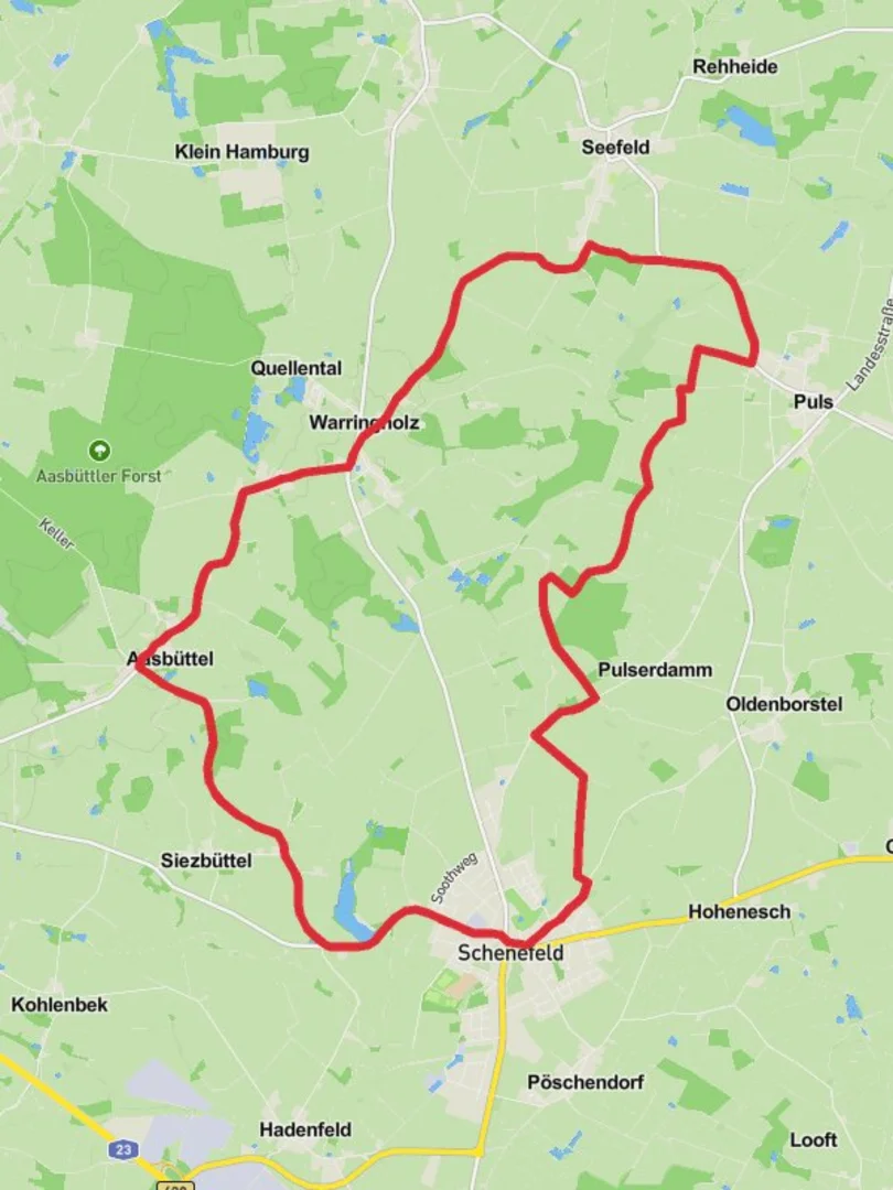 An image depicting the trail Warringholz and Schenefeld Loop and its surrounding area.