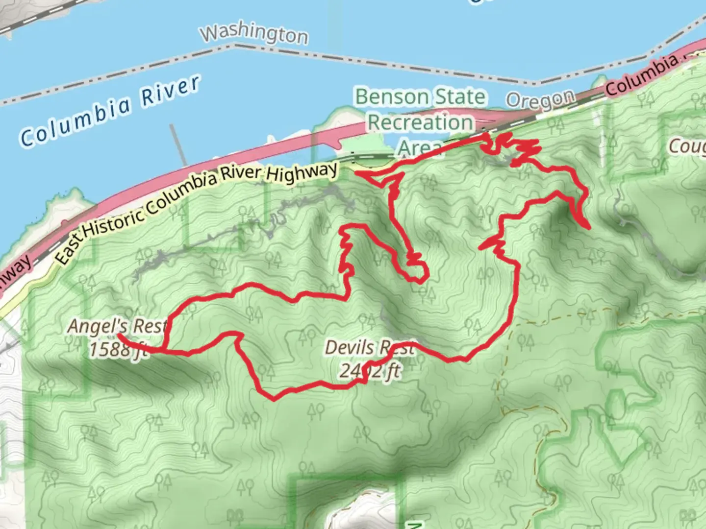 An image depicting the trail Devils Rest and Angel's Rest Loop via Larch Mountain Trail and its surrounding area.
