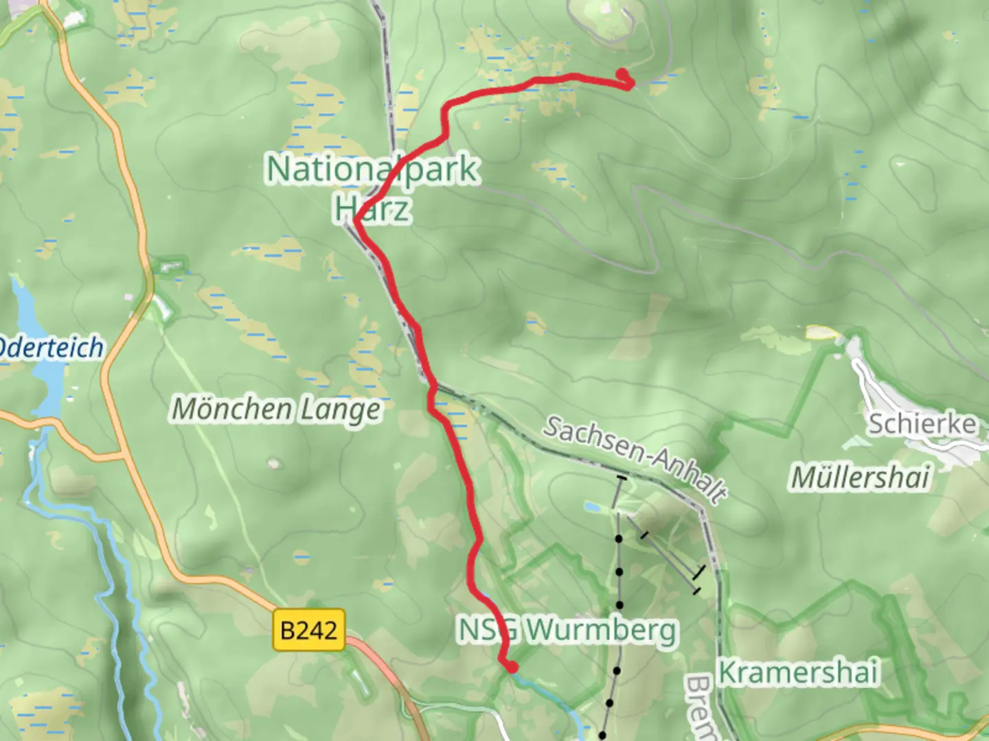 An image depicting the trail Brocken to Lerachs Wiese Walk via Grenzweg and Oberer Bodefall and its surrounding area.