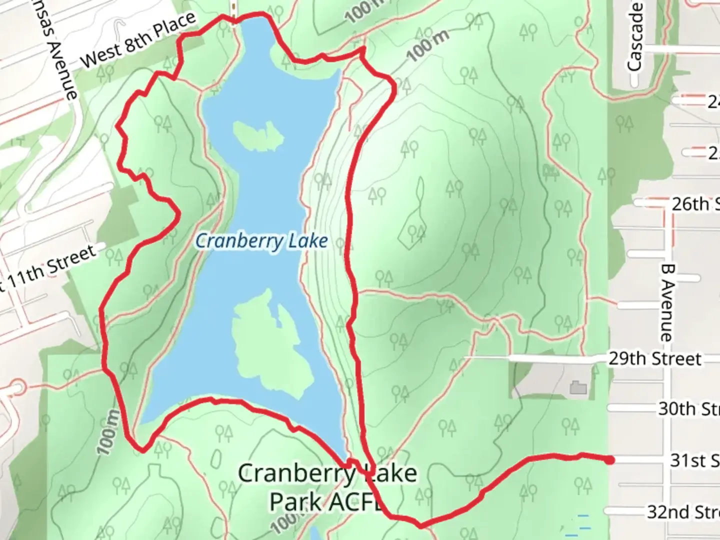 An image depicting the trail Cranberry Lake Loop from 31st Street and its surrounding area.