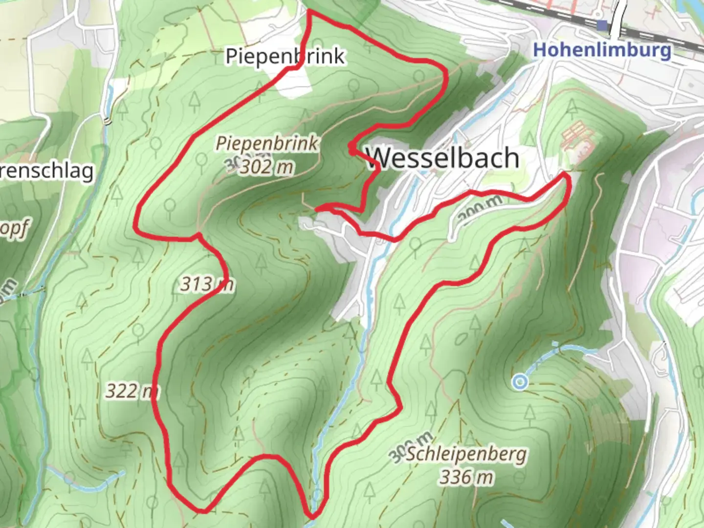 An image depicting the trail Rundweg Holthauser Hangweg and Plackweg and its surrounding area.