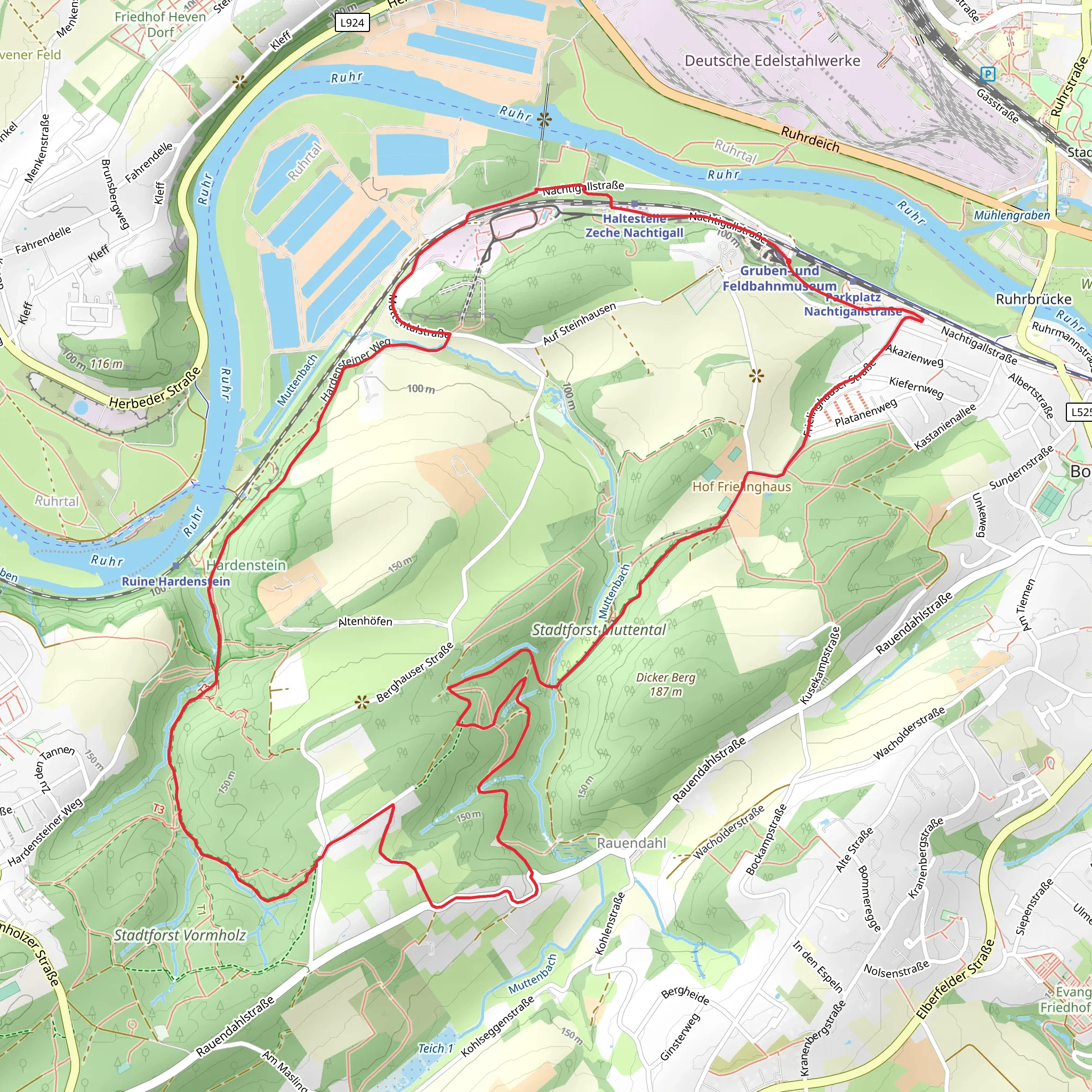 Stadtforst Muttental, Göpelschacht Moses, Hardenstein and Schloss Steinhausen Loop mobile static map