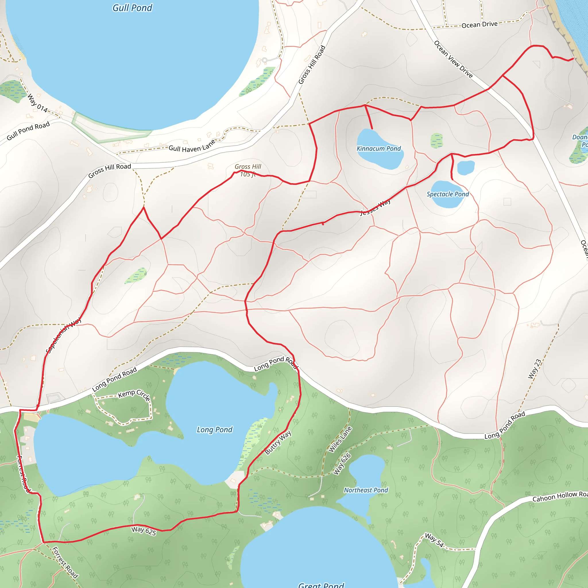 Gross Hill, Kinnacum Pond and Spectacle Pond Loop via Long Pond mobile static map