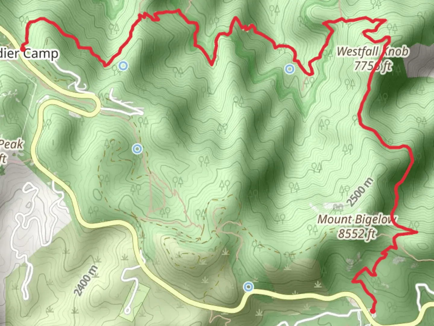 An image depicting the trail Westfall Knob via Butterfly Trail Long and its surrounding area.