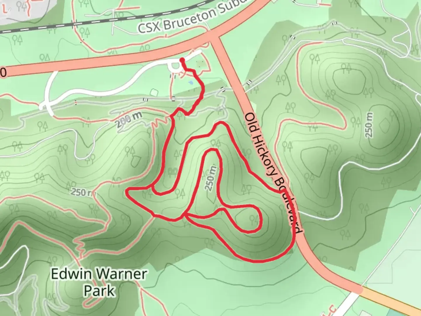 An image depicting the trail Edwin Warner Park East Hill Loop and its surrounding area.
