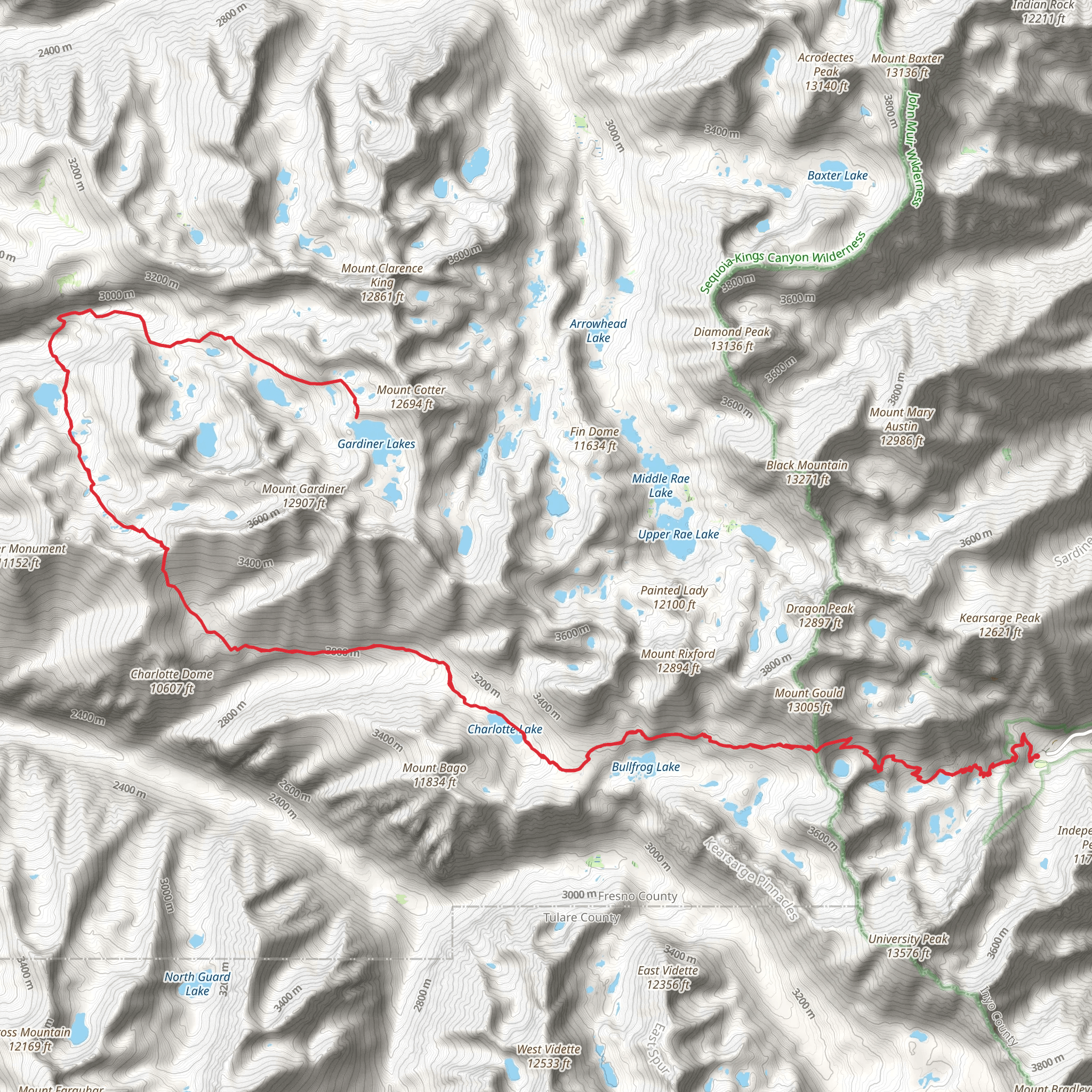 Gardiner Lakes, Gardiner Pass via Kearsarge Pass Trail mobile static map