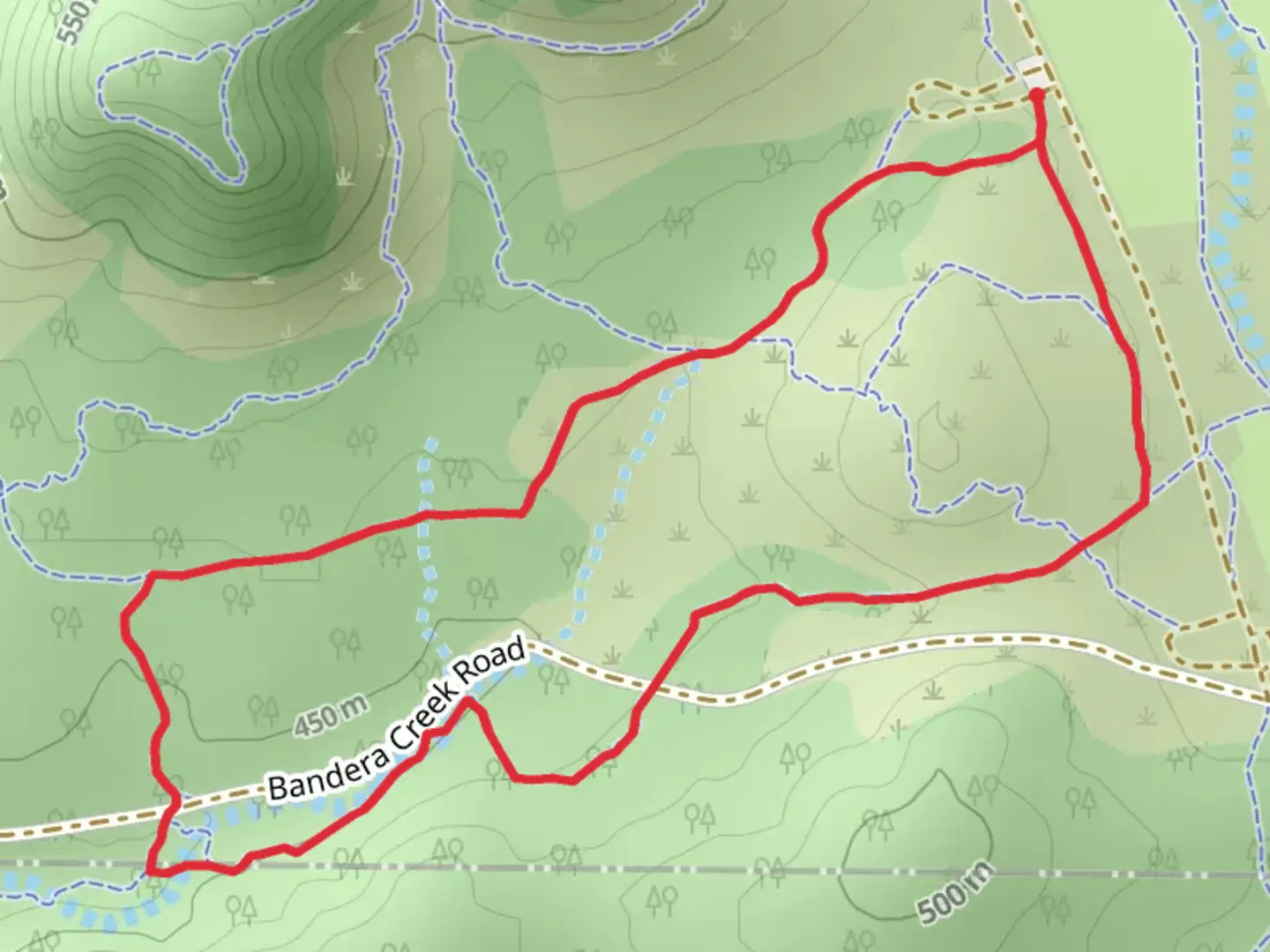 An image depicting the trail Wilderness and Bandera Creek Loop Trail and its surrounding area.