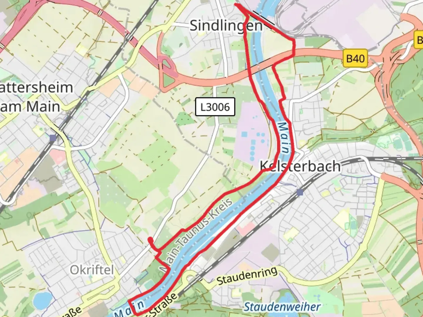 An image depicting the trail Main and Werksbrücke West via Weidenweg and Burgleweg and its surrounding area.