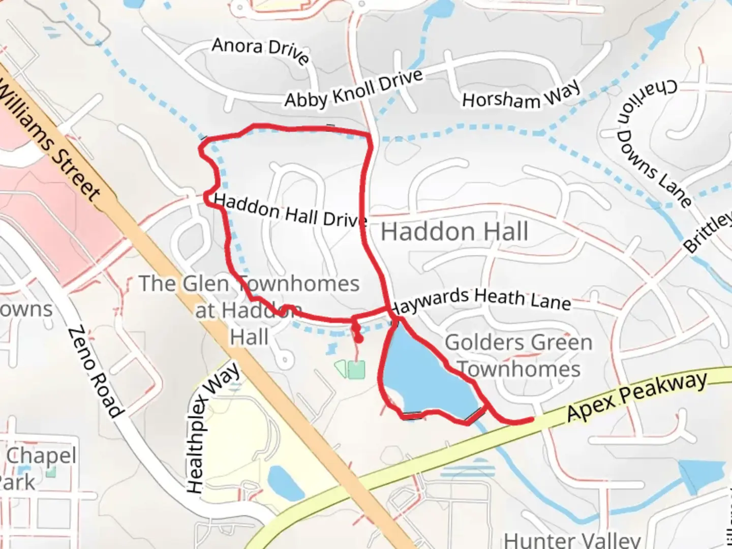 An image depicting the trail Haddon Hall Greenway Loop and its surrounding area.
