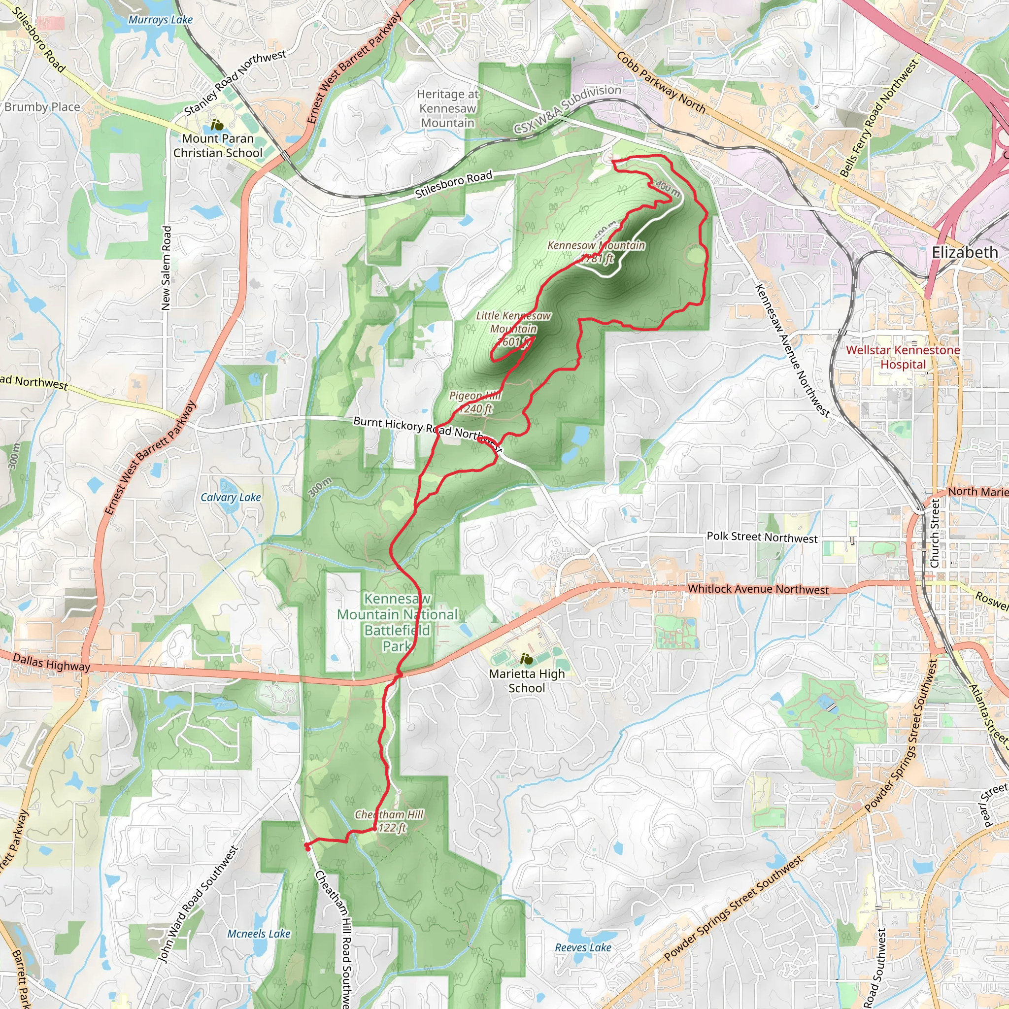 Cheatham Hill, Pigeon Hill, Little Kennesaw and Kennesaw Mountain Loop Trail mobile static map
