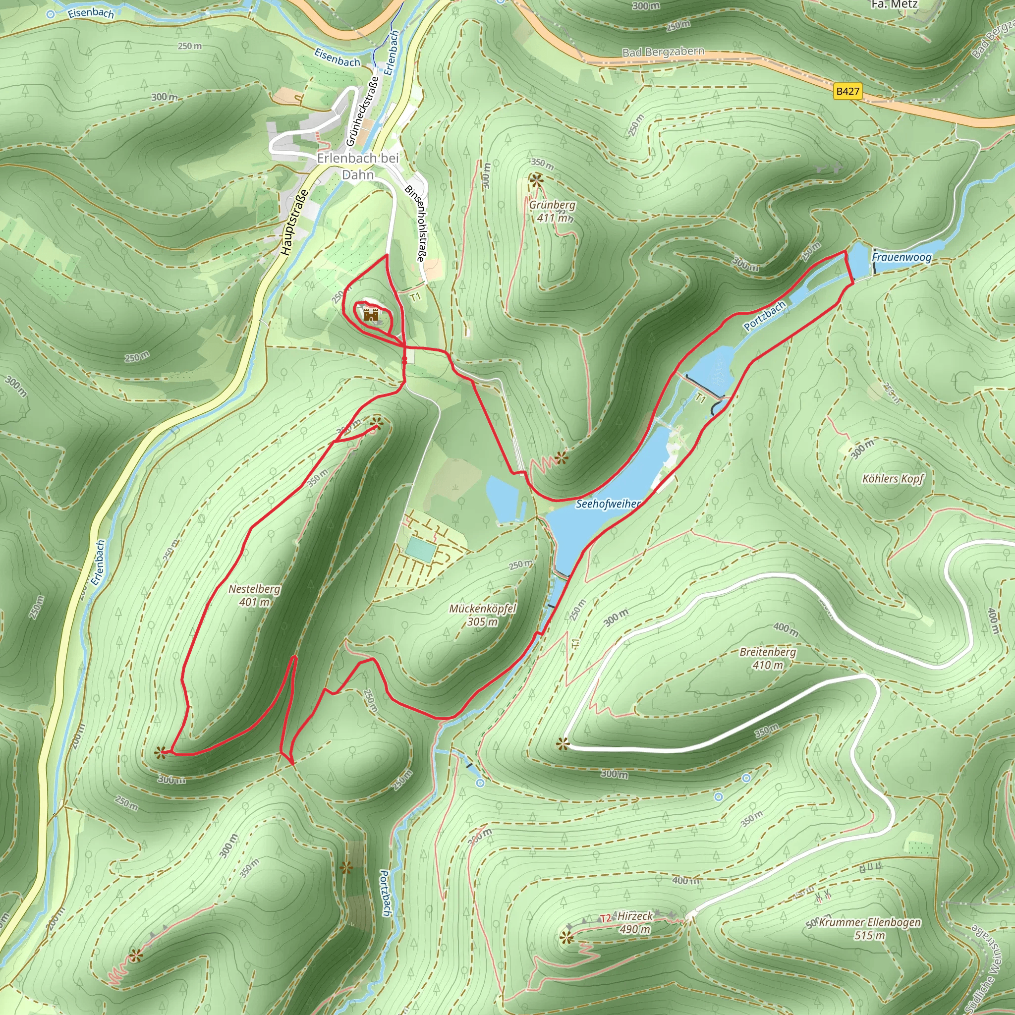 Berwartstein, Little France, Talblick and Seehofweiher via Pfaelzerwald Blauer Balken mobile static map