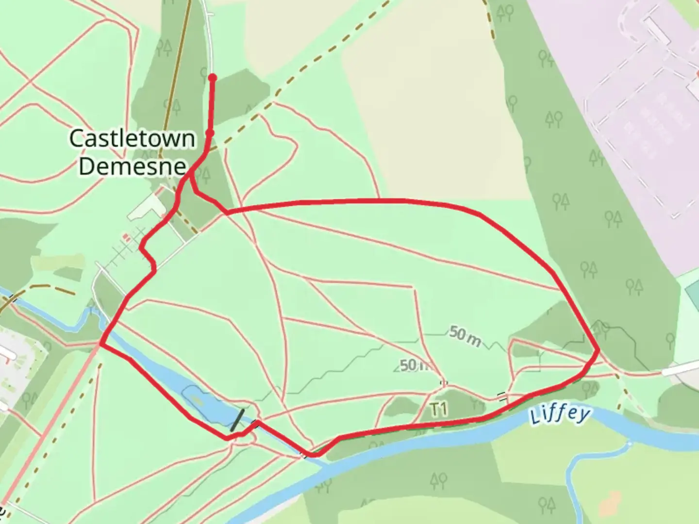 An image depicting the trail Castletown and Liffey Loop and its surrounding area.