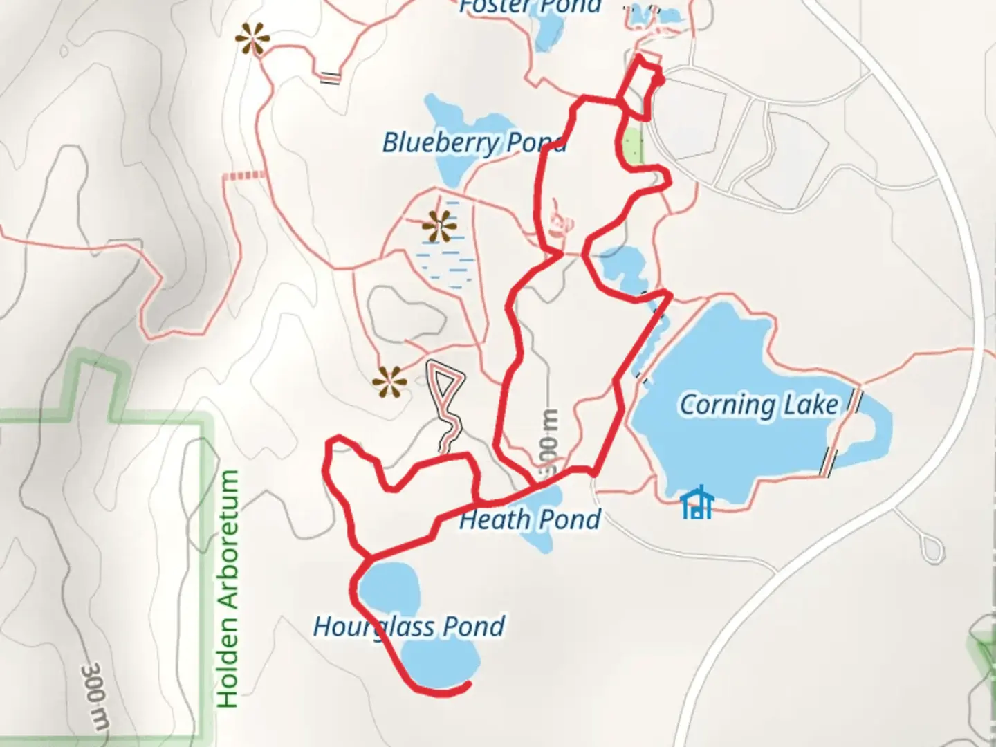 An image depicting the trail Corning Lake and Hourglass Pond Loop and its surrounding area.