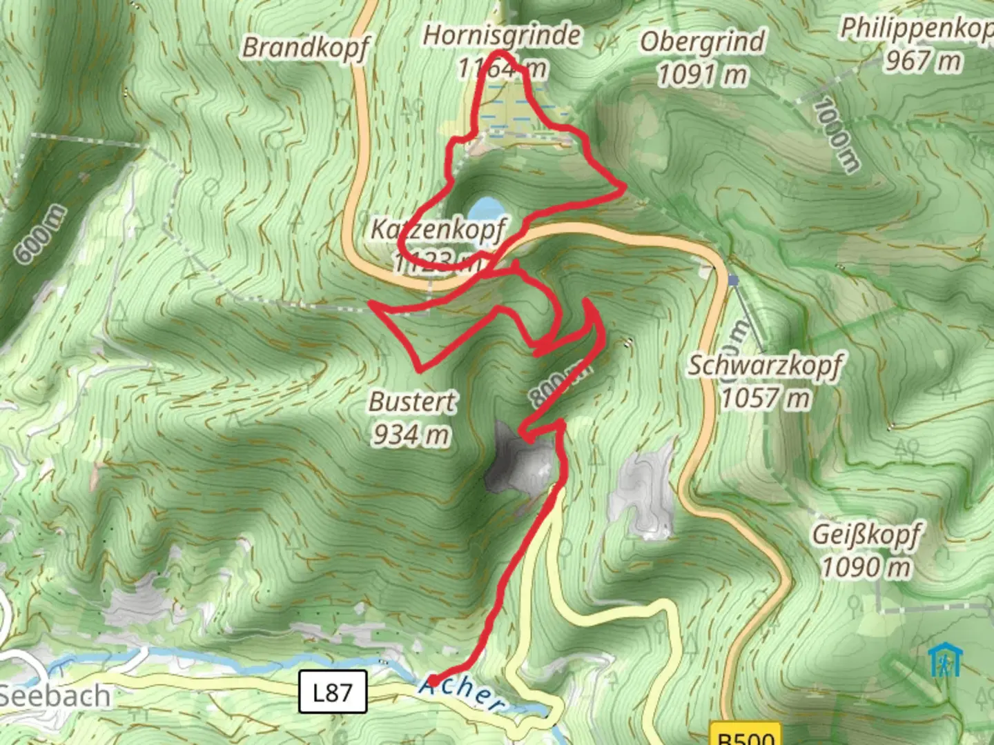 An image depicting the trail Lenderswald, Mummelsee and Katzenkopf Loop and its surrounding area.