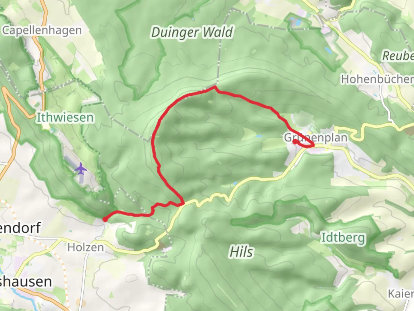 An image depicting the trail Grünenplan to Holzen via Ith-Hils Wanderweg and its surrounding area.