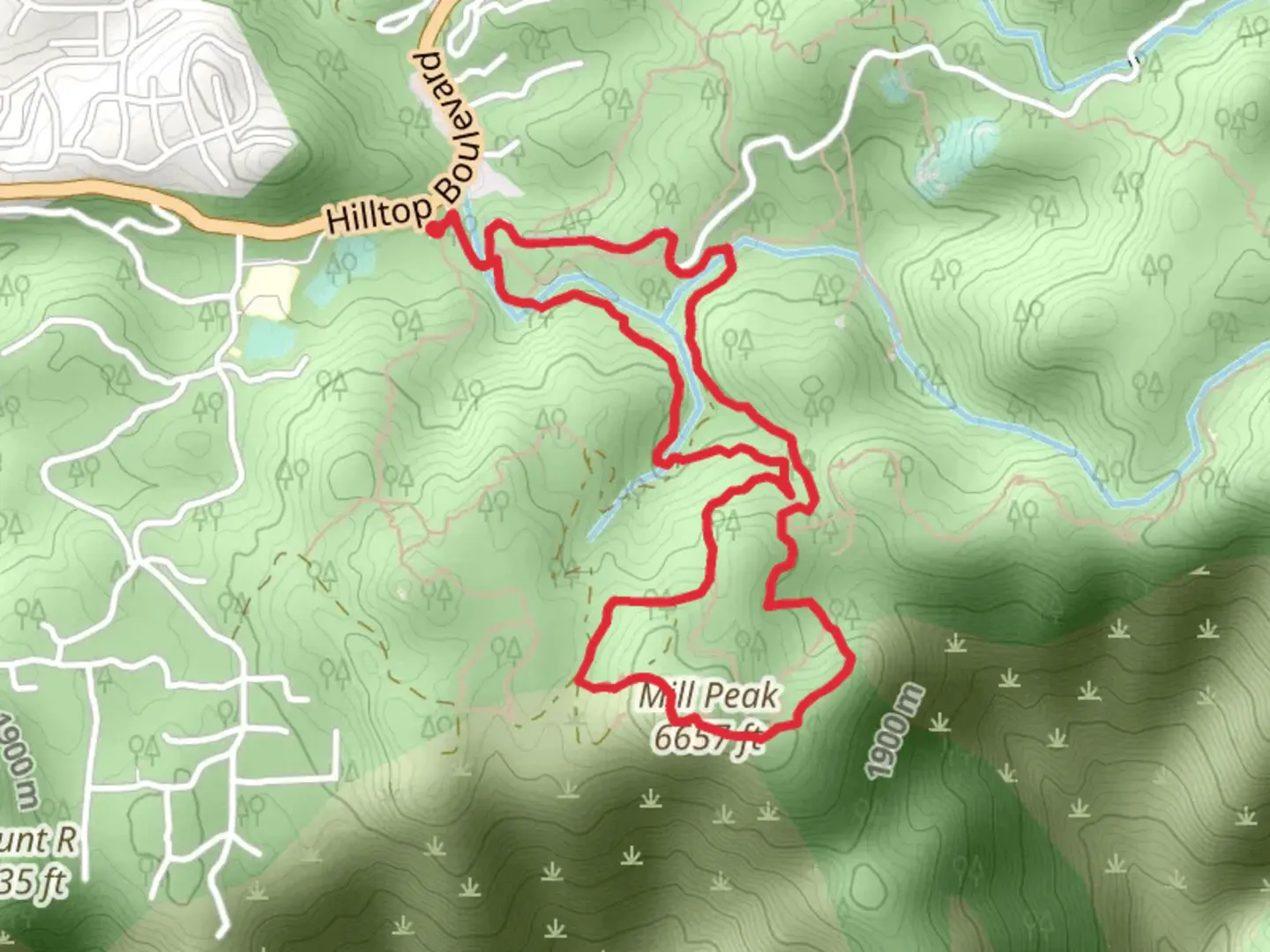 An image depicting the trail Explorationa Trail and Mill Peak road Loop and its surrounding area.