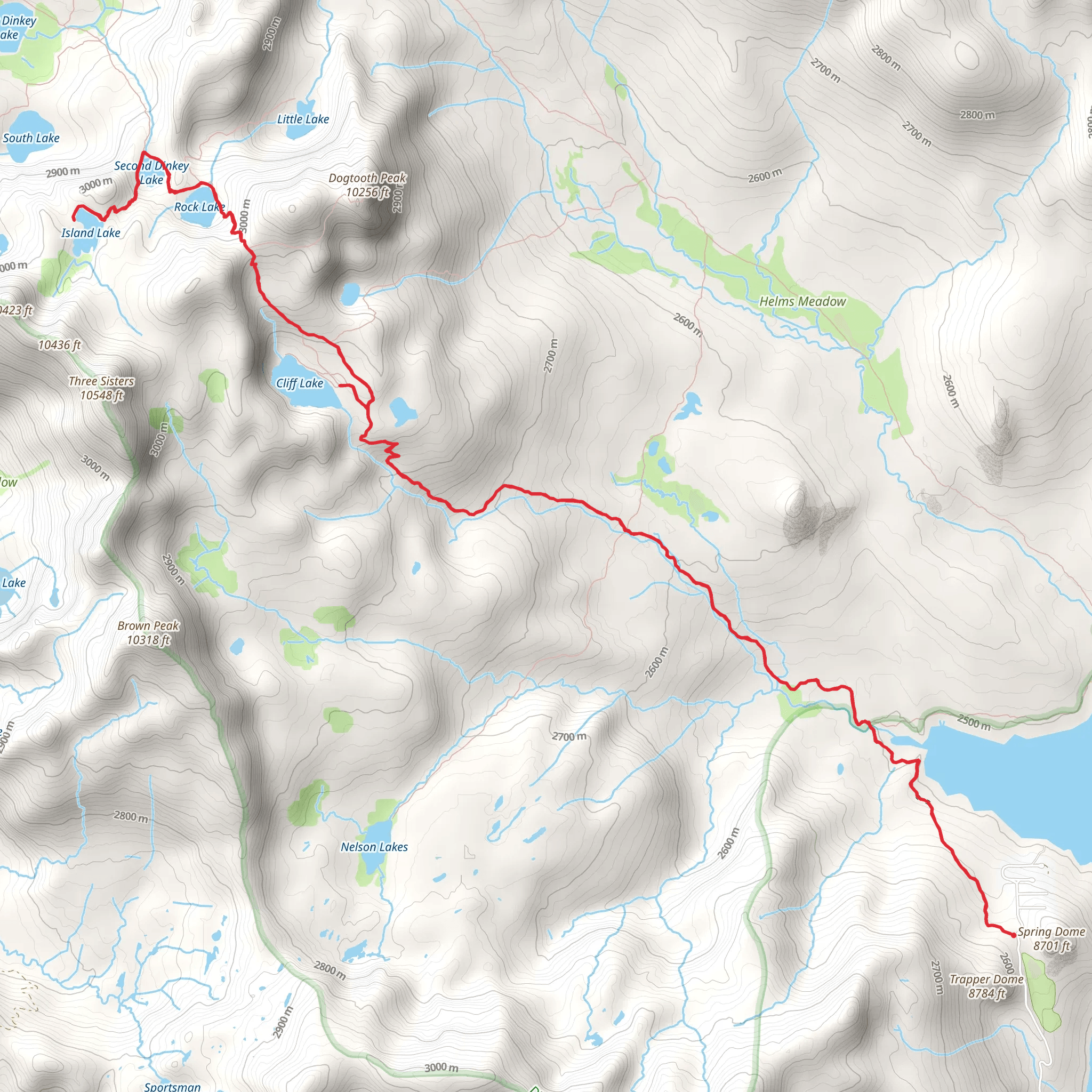 Island Lake, Rock Lake and Cliff Lake via Dinkey Lakes Trail mobile static map